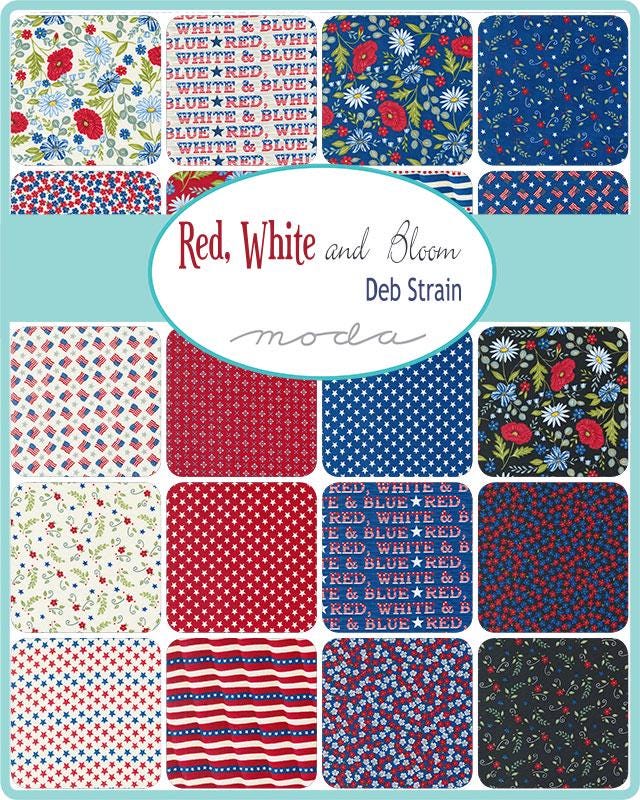 Red White and Bloom Layer Cake - Deb Strain for Moda 56110LC, Patriotic Floral Fabric Layer Cake, Red White and Blue Floral Layer Cake