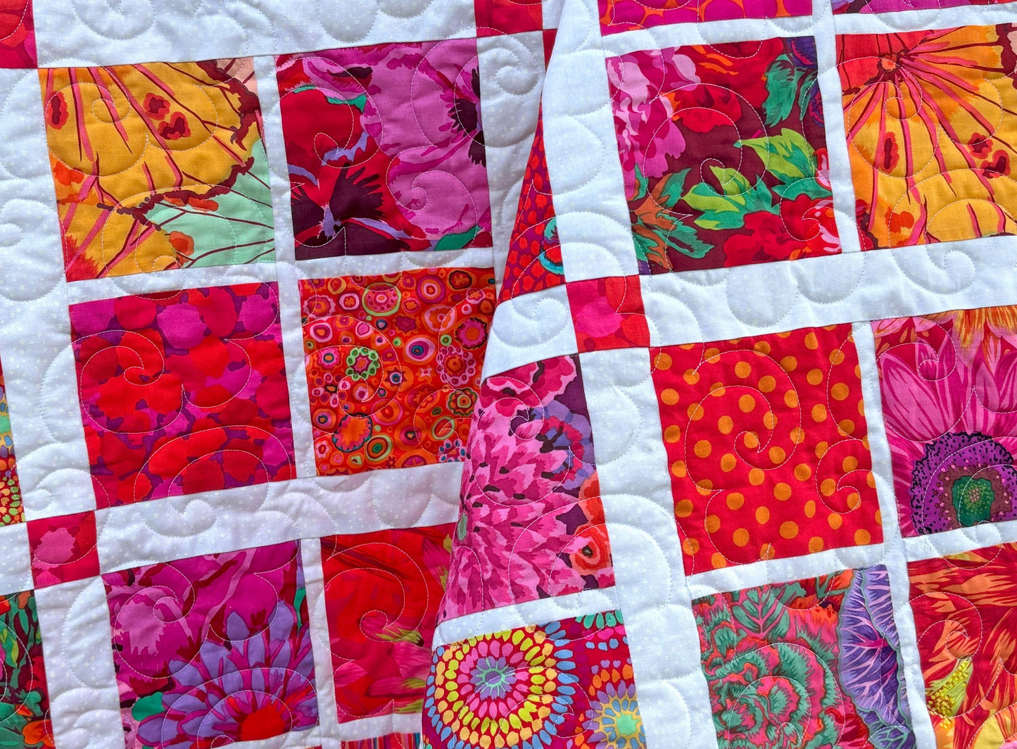 Pink and White Kaffe Fassett Handmade Throw Quilt, Modern Floral Throw Quilt with Kaffe Fassett Fabrics, Quilt for Sale 54" X 65"