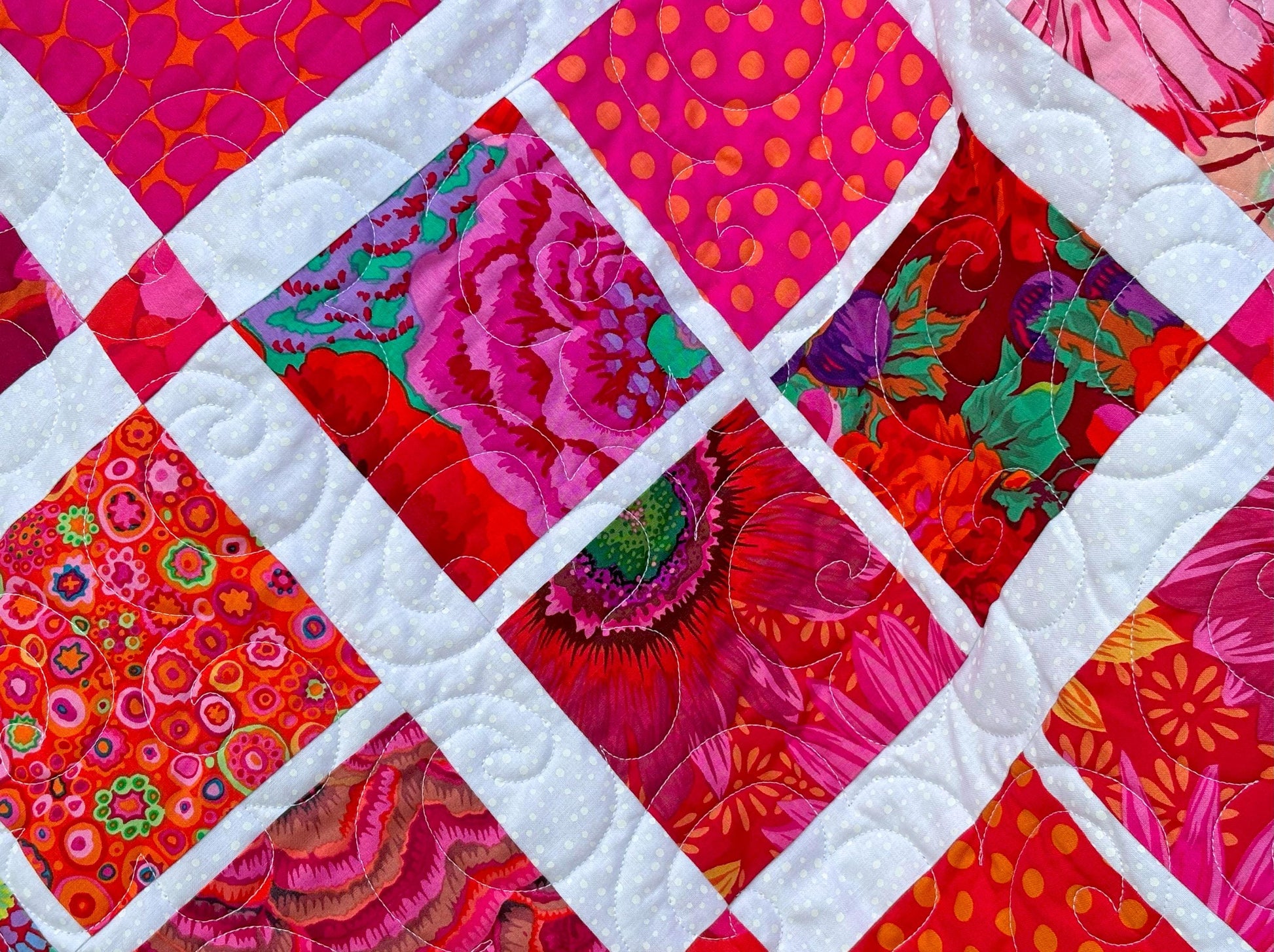 Pink and White Kaffe Fassett Handmade Throw Quilt, Modern Floral Throw Quilt with Kaffe Fassett Fabrics, Quilt for Sale 54" X 65"