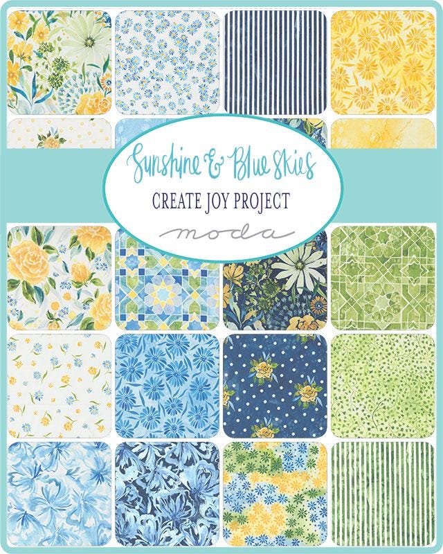 Sunshine and Blue Skies Layer Cake - Moda 39820LC, Blue and Yellow Watercolor Floral Layer Cake by Create Joy Project