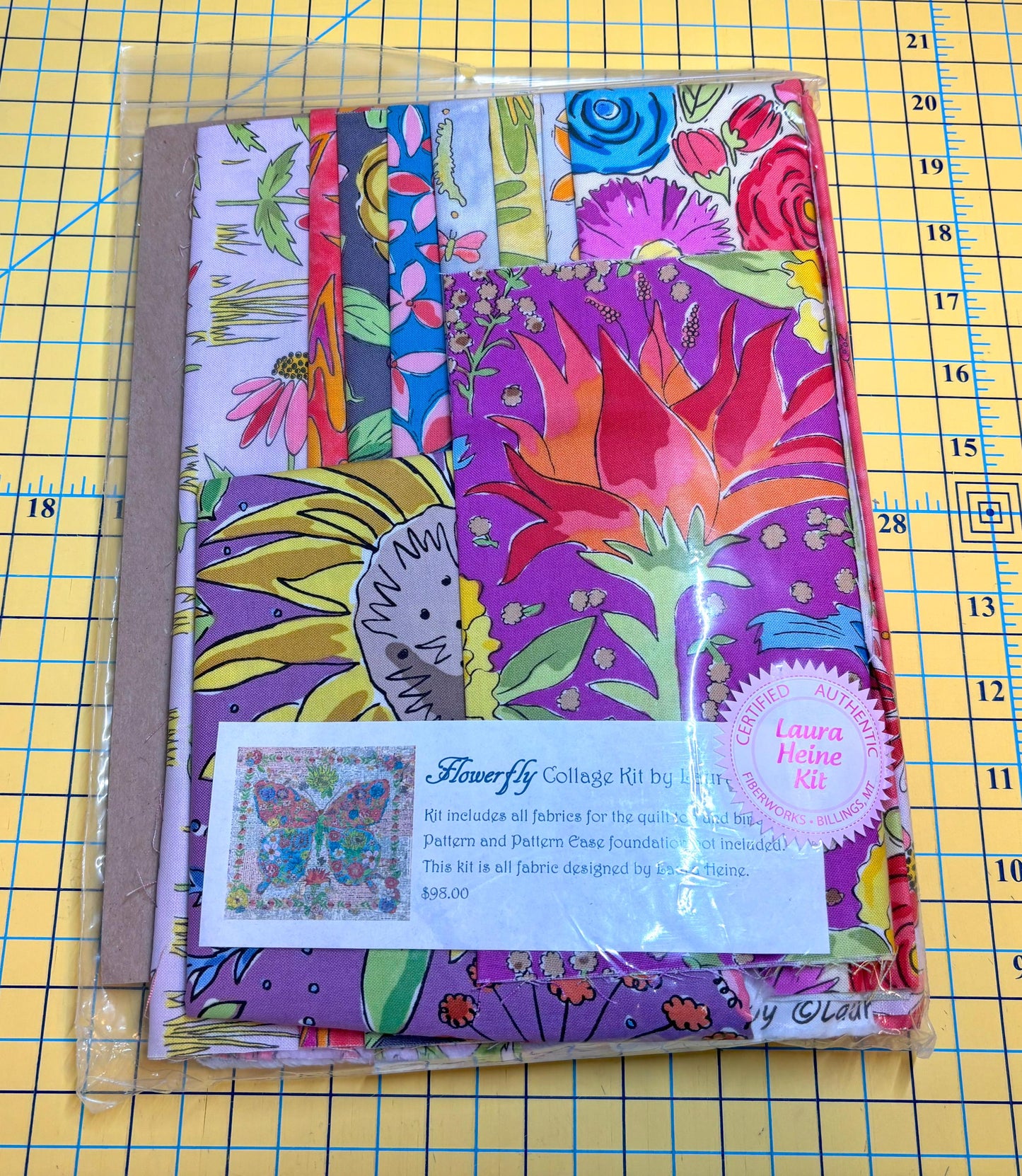 Flowerfly Collage QUILT KIT by Laura Heine Pattern & Fabric Included, Certified Authentic Laura Heine Flowerfly Butterfly Collage Quilt Kit