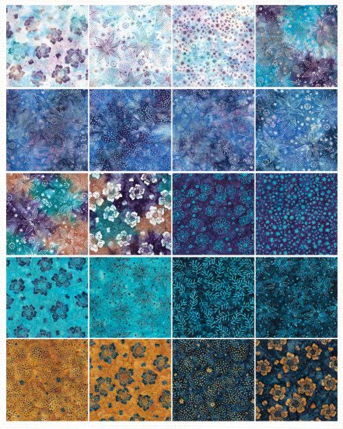 Island Batik Midnight Garden Stack/Layer Cake - 42 - 10" Fabric Squares, Blue Gold Turquoise Batik Layer Cake