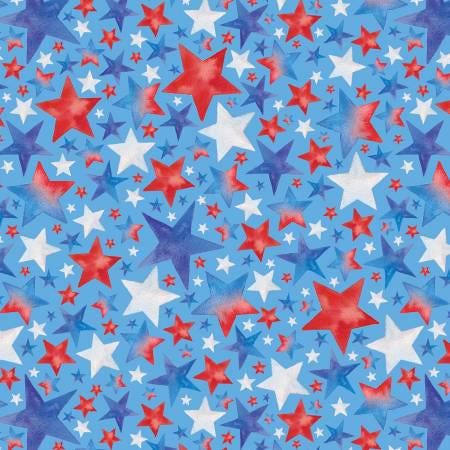 Lucky Stars Medium Blue Stars Fabric - Blank Quilting BQ3906-75, Red White and Blue Stars Fabric, Patriotic Stars Fabric By the Yard