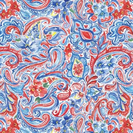 Lucky Stars Blue Paisley Fabric - Blank Quilting BQ3909-75, Red White and Blue Paisley Fabric, Patriotic Paisley Fabric By the Yard