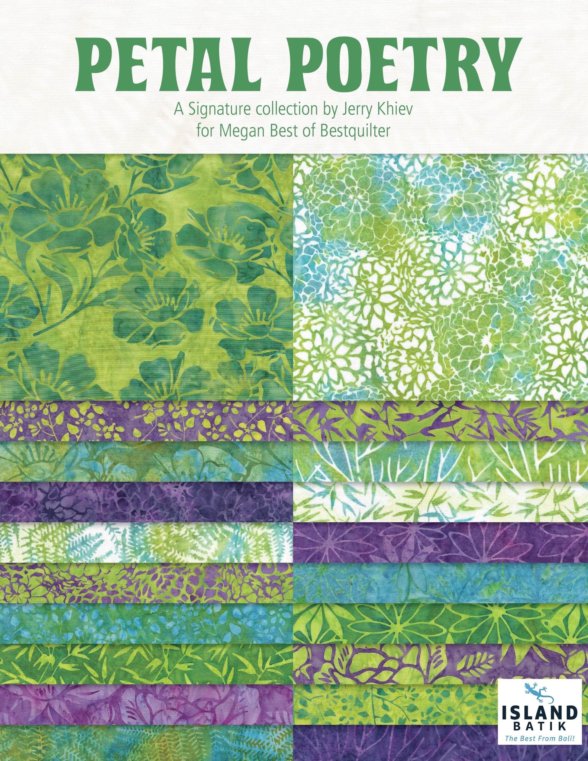 Island Batik Petal Poetry Strip Pack - 40 2 1/2" Pre Cut Fabric Strips, Green and Purple Batik Fabric Strips, Batik Jelly Roll