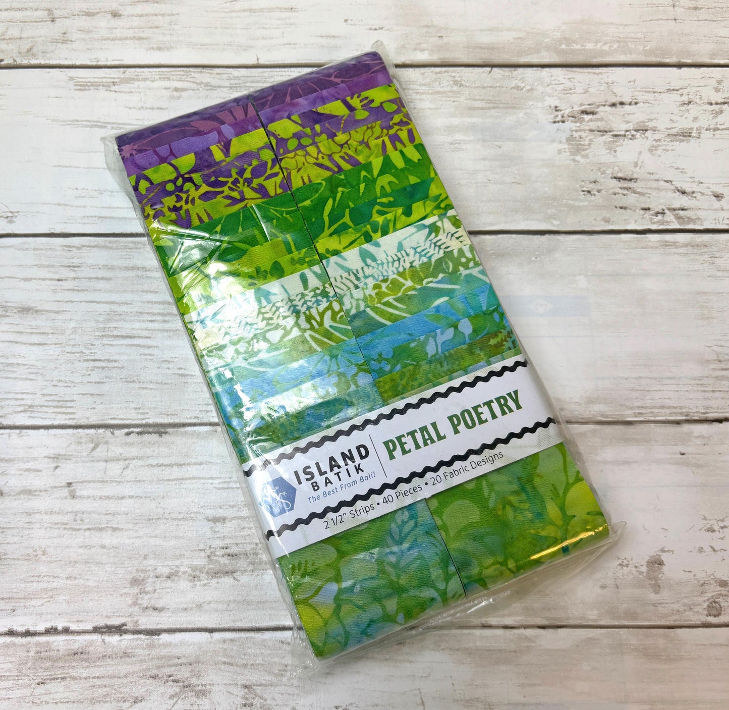 Island Batik Petal Poetry Strip Pack - 40 2 1/2" Pre Cut Fabric Strips, Green and Purple Batik Fabric Strips, Batik Jelly Roll