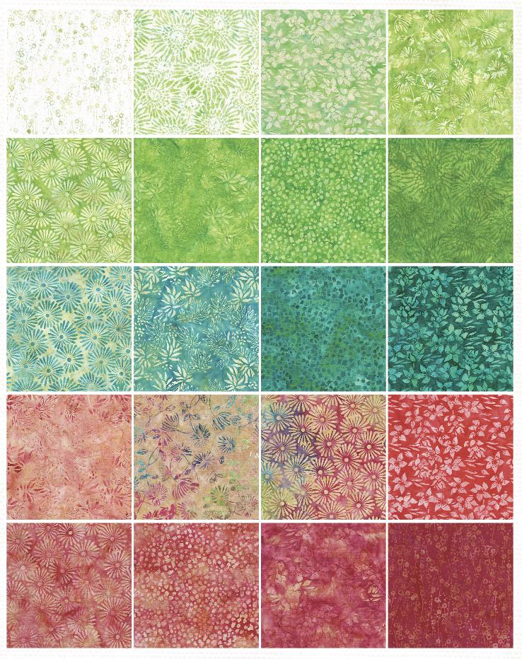 Island Batik Sunlit Garden Strip Pack - 40 2 1/2" Pre Cut Fabric Strips, Green Red Teal Batik Fabric Strips, Batik Jelly Roll