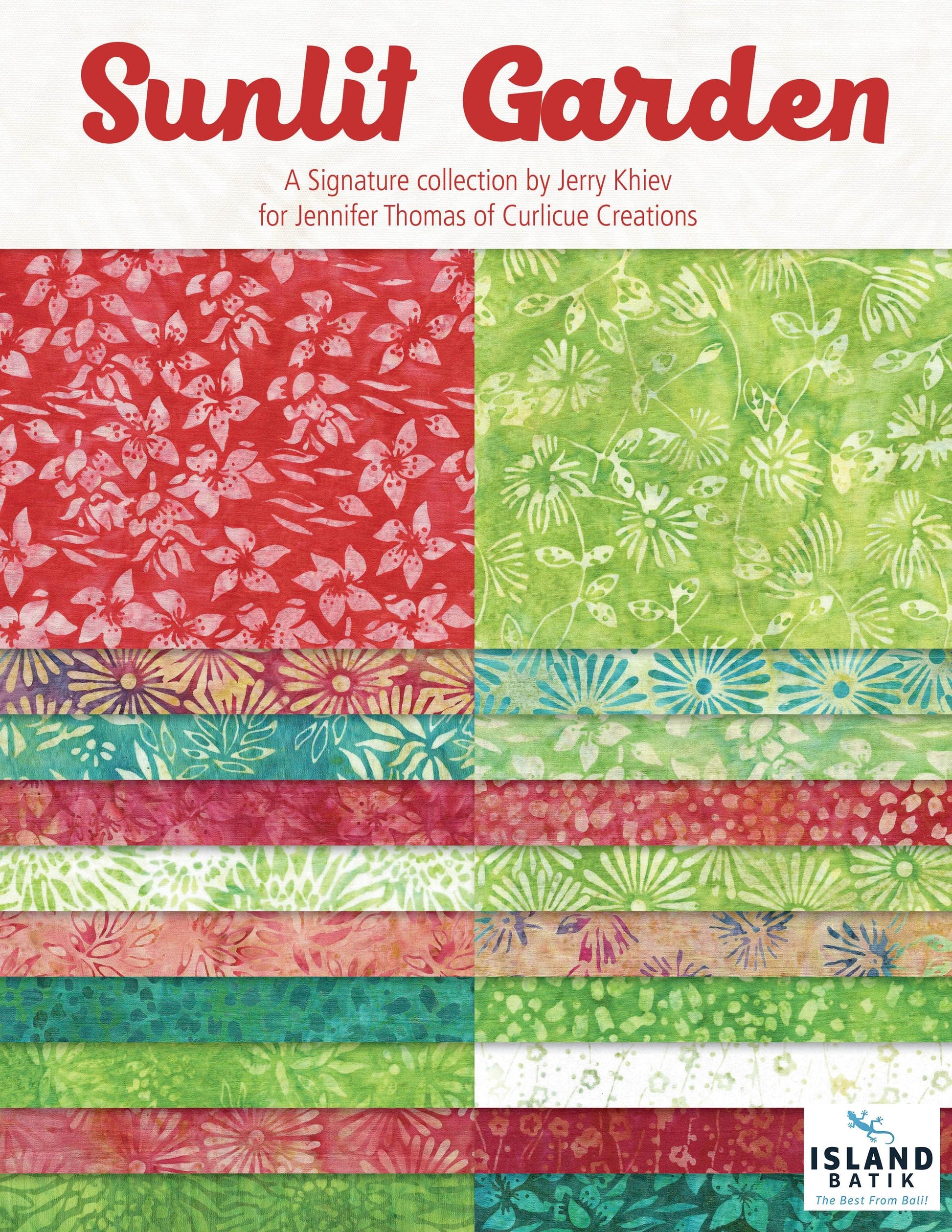 Island Batik Sunlit Garden Strip Pack - 40 2 1/2" Pre Cut Fabric Strips, Green Red Teal Batik Fabric Strips, Batik Jelly Roll