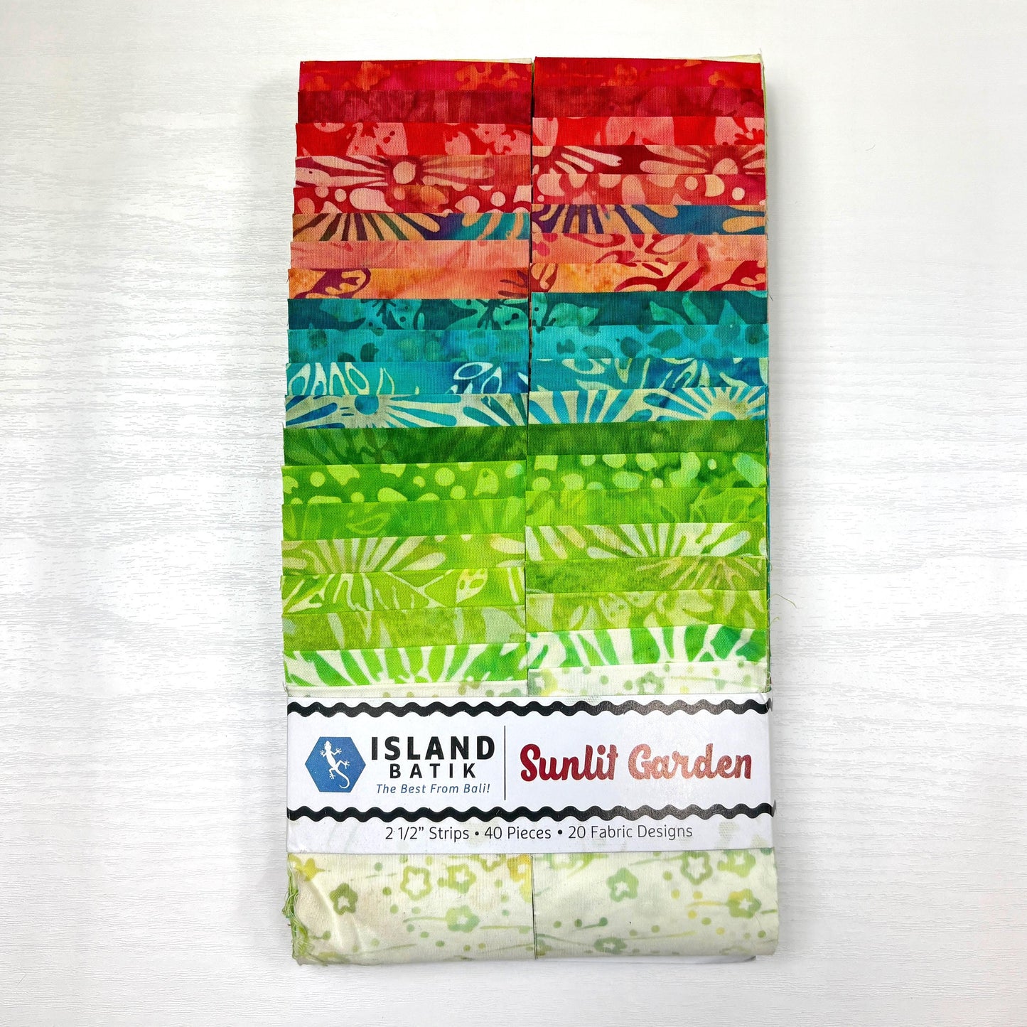 Island Batik Sunlit Garden Strip Pack - 40 2 1/2" Pre Cut Fabric Strips, Green Red Teal Batik Fabric Strips, Batik Jelly Roll