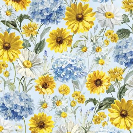 Bees & Blooms Charm Pack - Wilmington Prints Q508-841-508, Blue and Yellow Floral Charm Pack