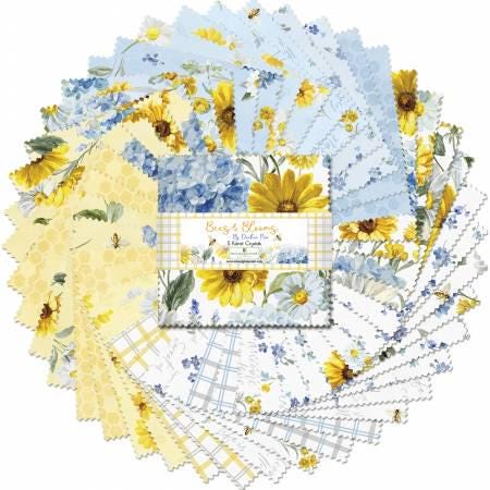 Bees & Blooms Charm Pack - Wilmington Prints Q508-841-508, Blue and Yellow Floral Charm Pack