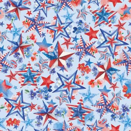 Lucky Stars Light Blue Stars with Flowers Fabric - Blank Quilting BQ3902-11, Red White Blue Stars Fabric, Patriotic Stars Fabric By the Yard