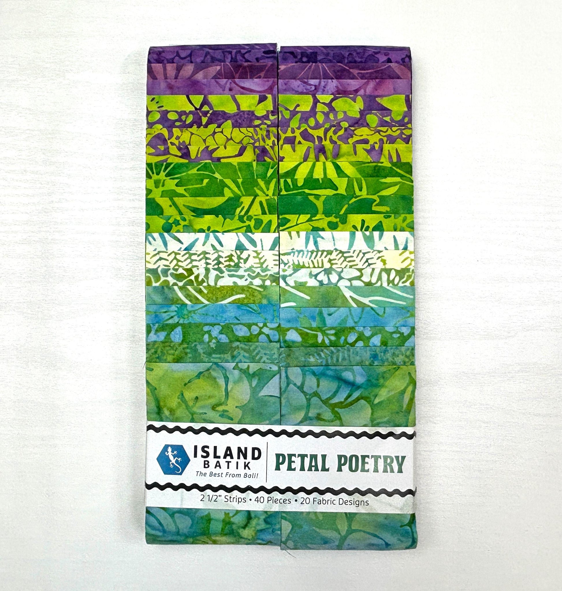 Island Batik Petal Poetry Strip Pack - 40 2 1/2" Pre Cut Fabric Strips, Green and Purple Batik Fabric Strips, Batik Jelly Roll