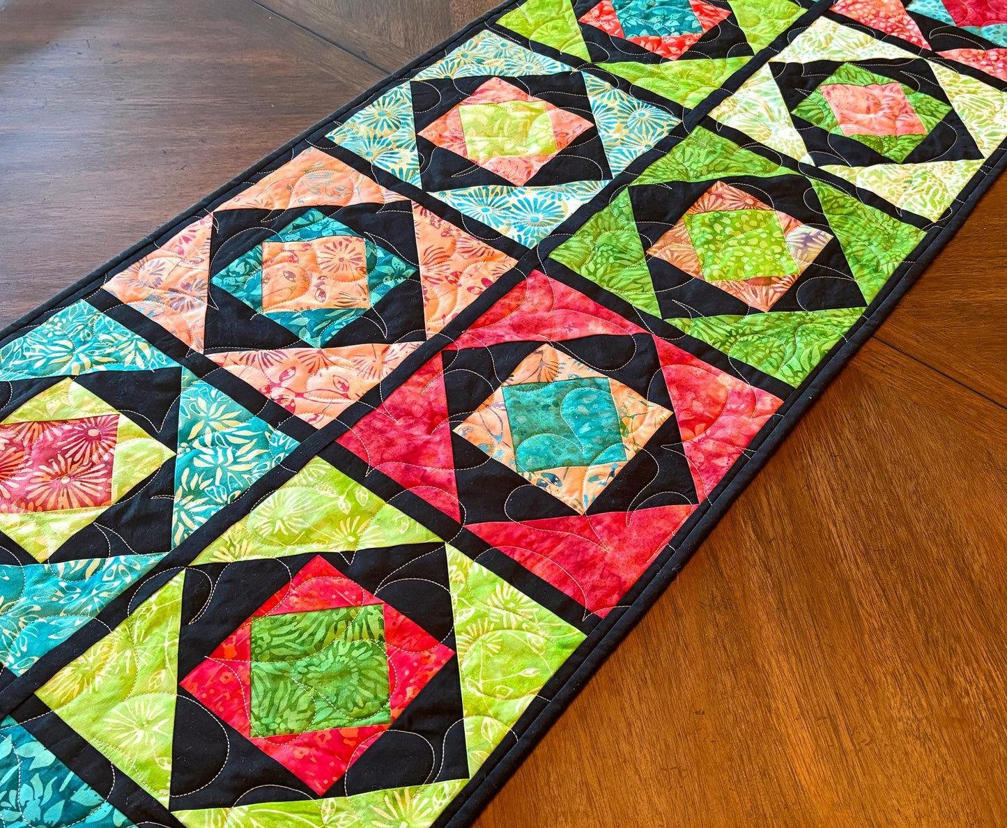 Stacked Squares Batik Table Runner in Green Blue Black and Red 18" X 52"