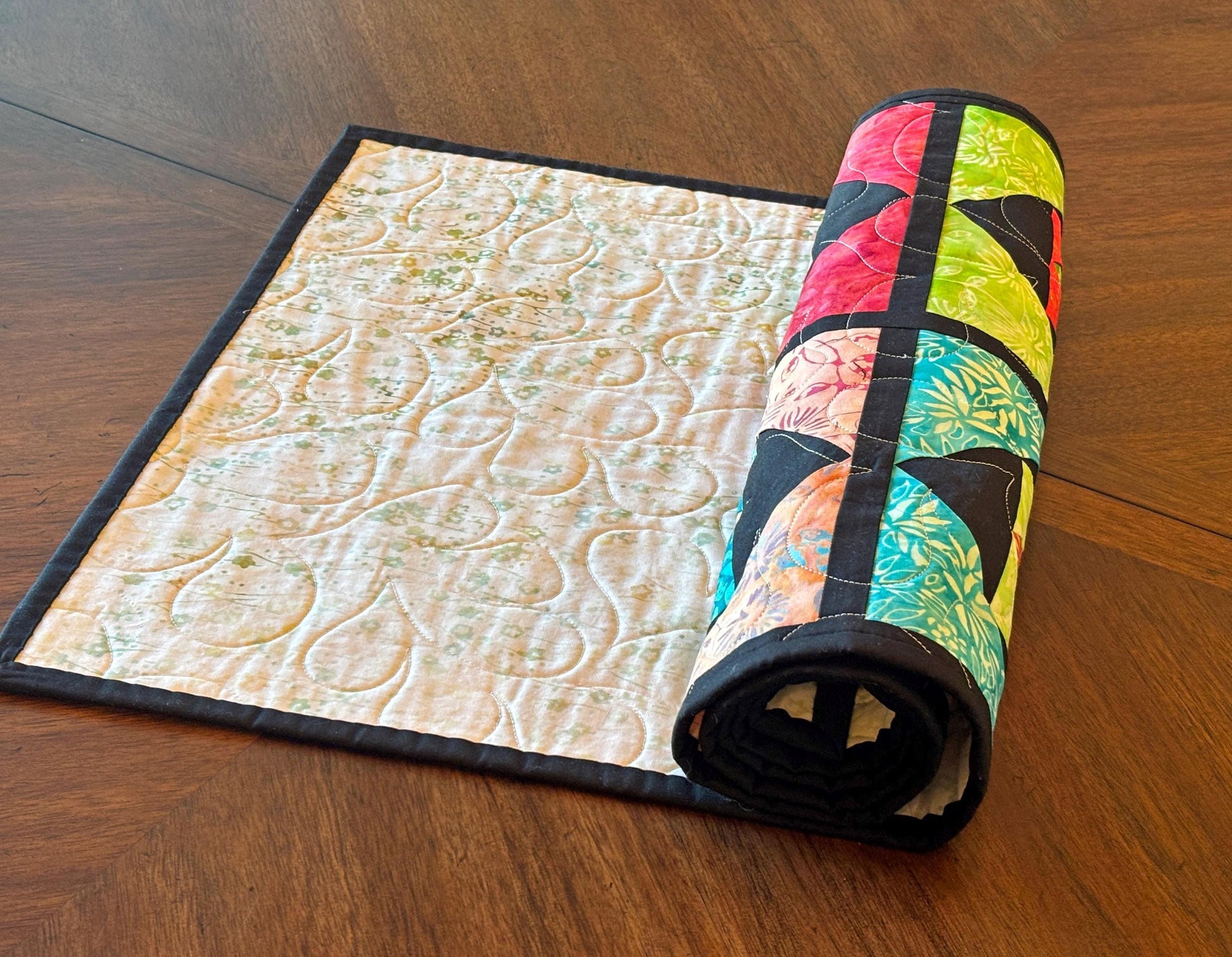 Stacked Squares Batik Table Runner in Green Blue Black and Red 18" X 52"