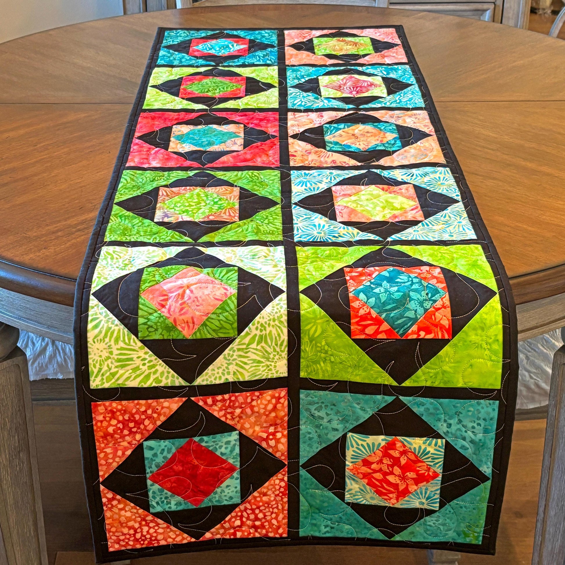 Stacked Squares Batik Table Runner in Green Blue Black and Red 18" X 52"