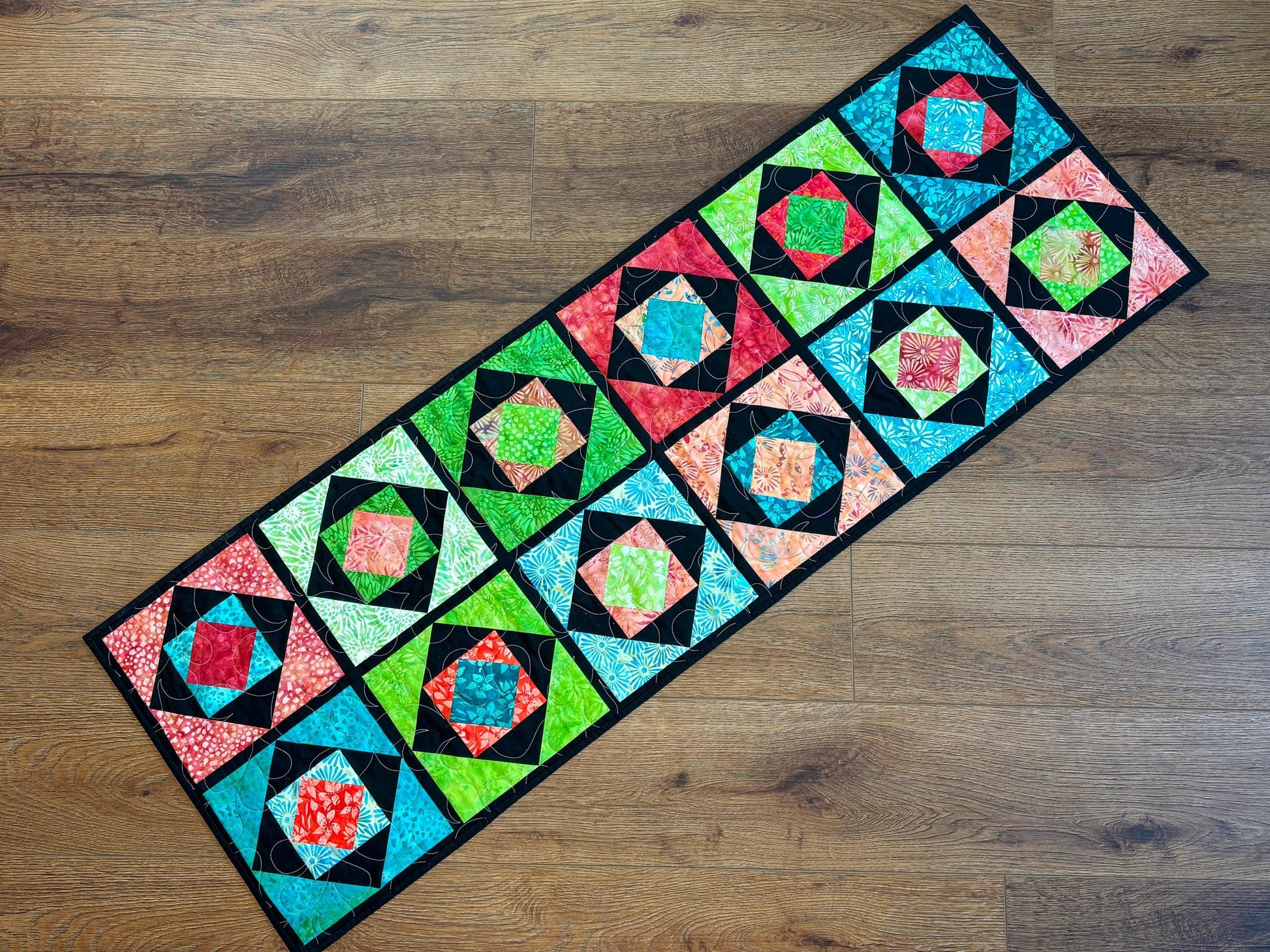 Stacked Squares Batik Table Runner in Green Blue Black and Red 18" X 52"