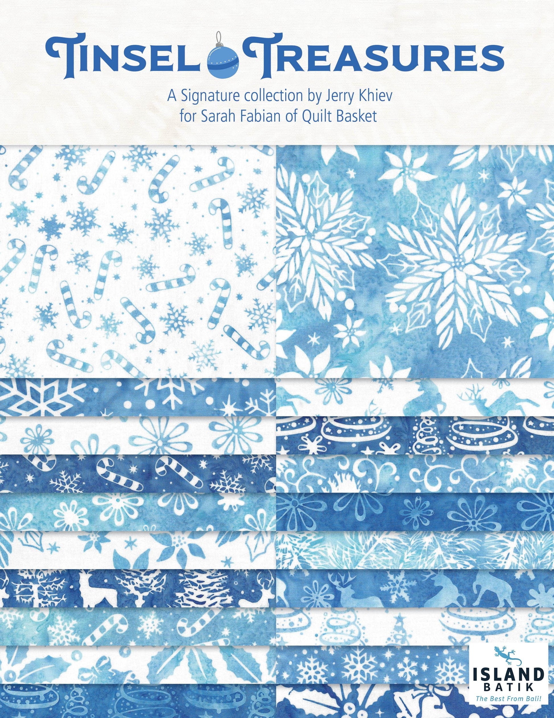 Island Batik Tinsel Treasures Strip Pack - 40 2 1/2" Pre Cut Fabric Strips, Christmas Themed Batik Strip Pack, Blue Batik Christmas Fabric