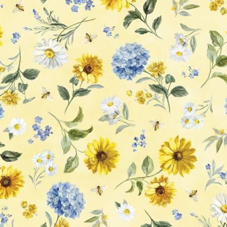 Bees & Blooms Charm Pack - Wilmington Prints Q508-841-508, Blue and Yellow Floral Charm Pack