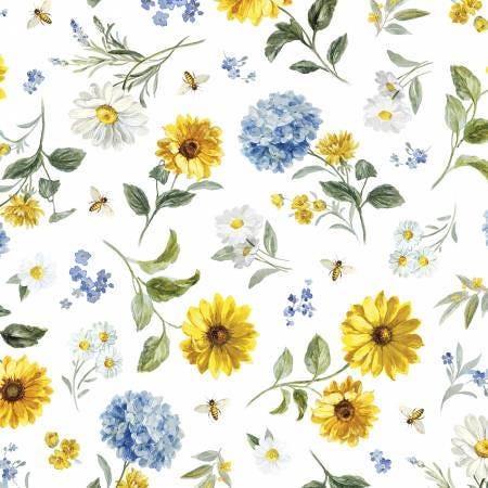 Bees & Blooms Charm Pack - Wilmington Prints Q508-841-508, Blue and Yellow Floral Charm Pack