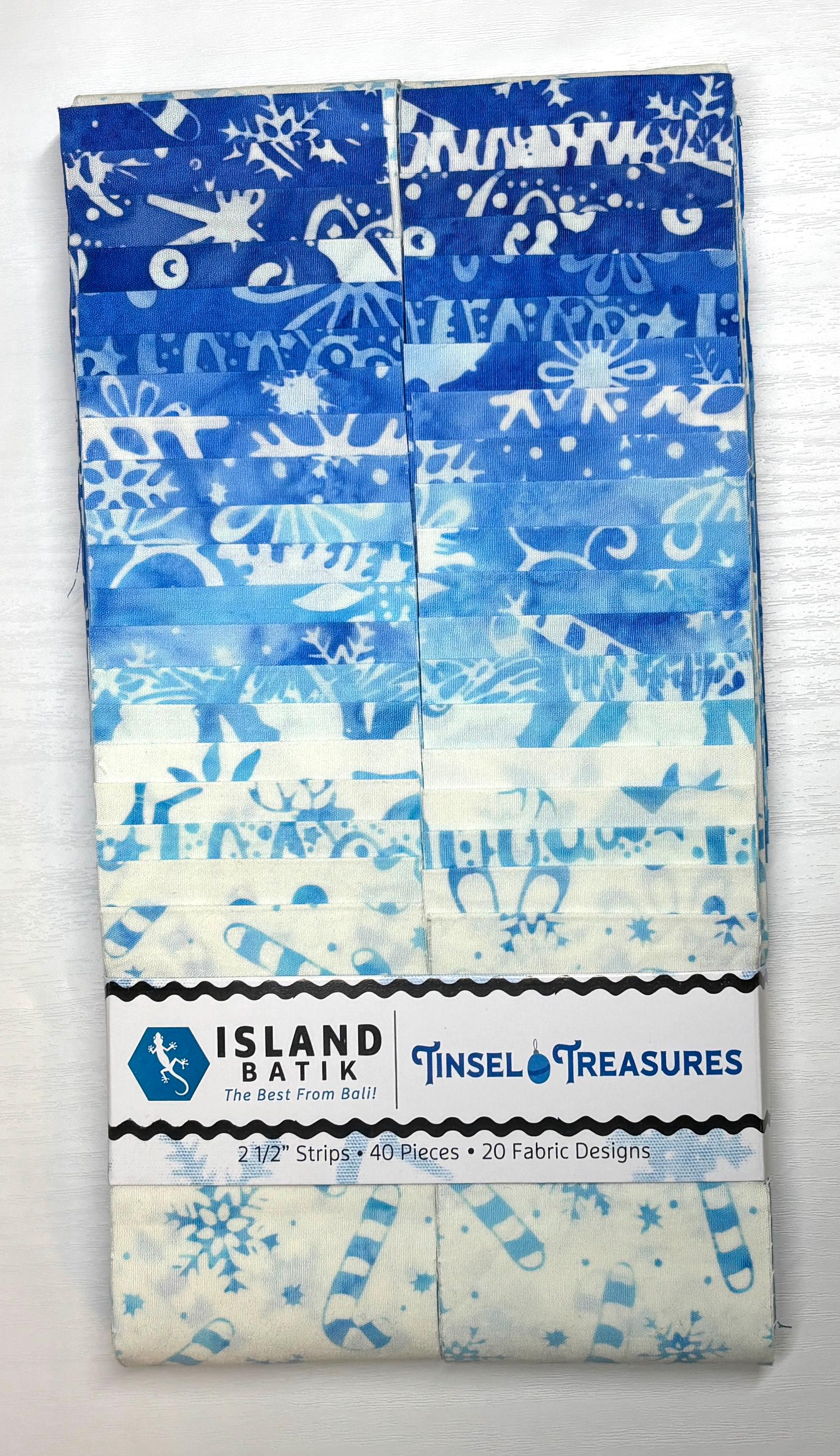 Island Batik Tinsel Treasures Strip Pack - 40 2 1/2" Pre Cut Fabric Strips, Christmas Themed Batik Strip Pack, Blue Batik Christmas Fabric