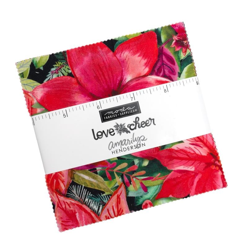 Love and Cheer Christmas Charm Pack - Moda 21830PP, 42 5" Squares, Christmas Poinsettia and Cardinal Layer Cake, Christmas Poinsettia fabric