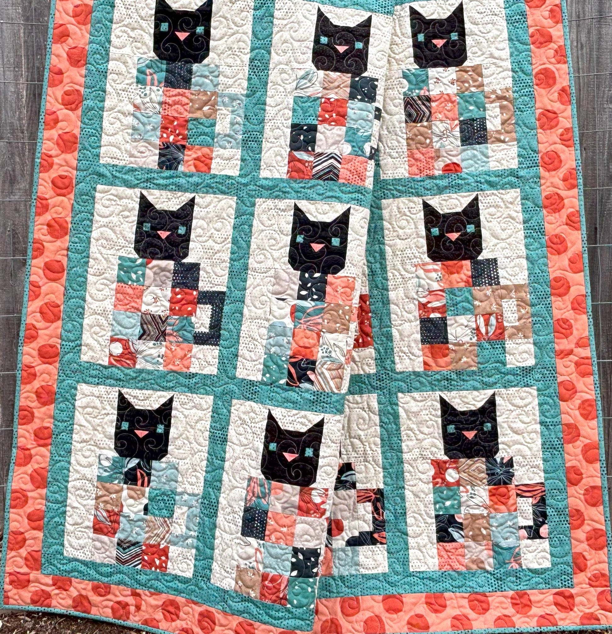 Coffee Cats Handmade Quilt For Sale - Cat Themed Throw Quilt - Cats and Coffee Patchwork Throw Quilt, Gift for Cat Lover, Size 53.5" X 65.5"