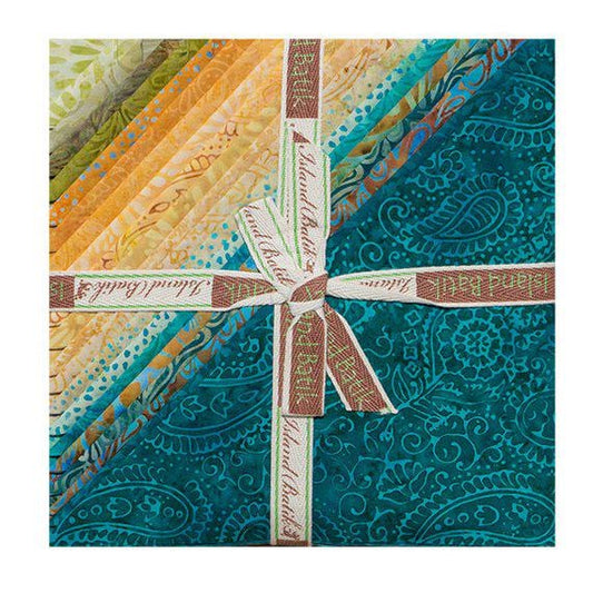 Island Batik Flea Market Stack/Layer Cake - 42 - 10" Fabric Squares, Teal Gold Green Batik Layer Cake