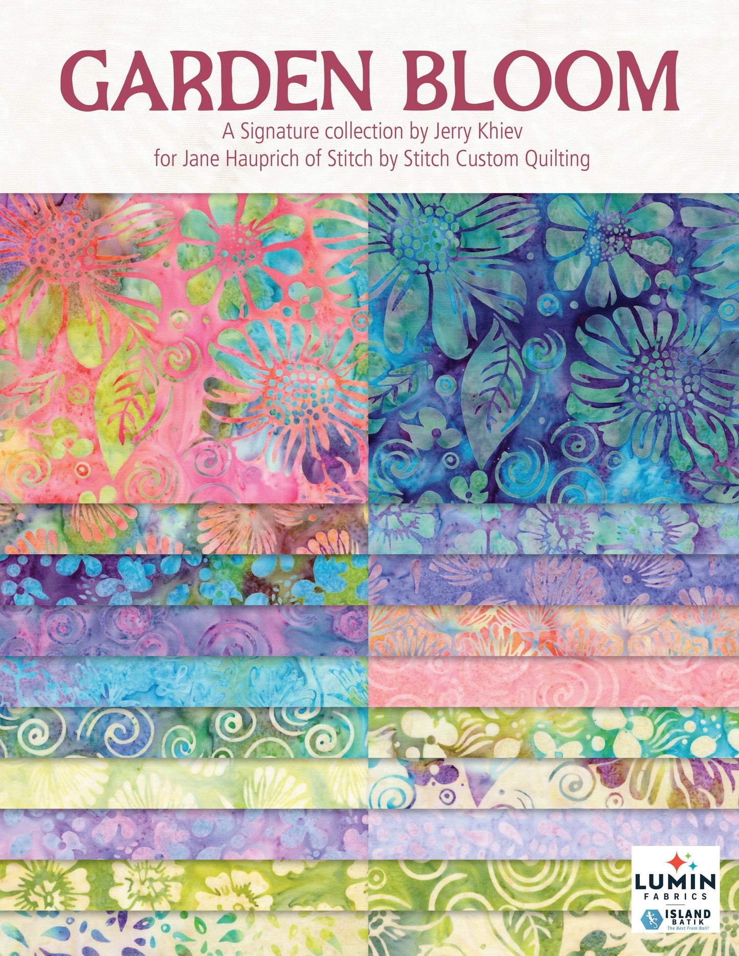 Island Batik Garden Bloom Strip Pack - 40 2 1/2" Pre Cut Fabric Strips, Pastel Colors Batik Strip Pack, Green Blue Pink Batik Fabric Strips