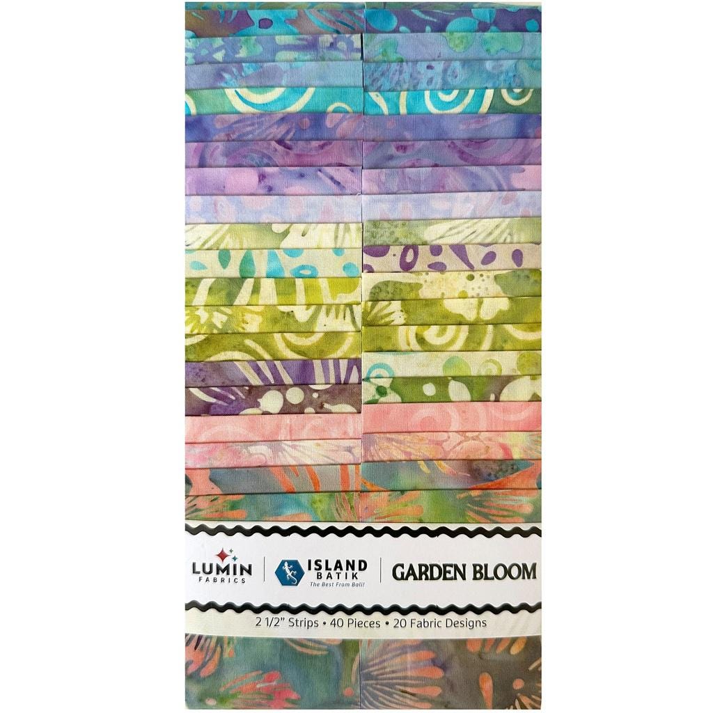 Island Batik Garden Bloom Strip Pack - 40 2 1/2" Pre Cut Fabric Strips, Pastel Colors Batik Strip Pack, Green Blue Pink Batik Fabric Strips