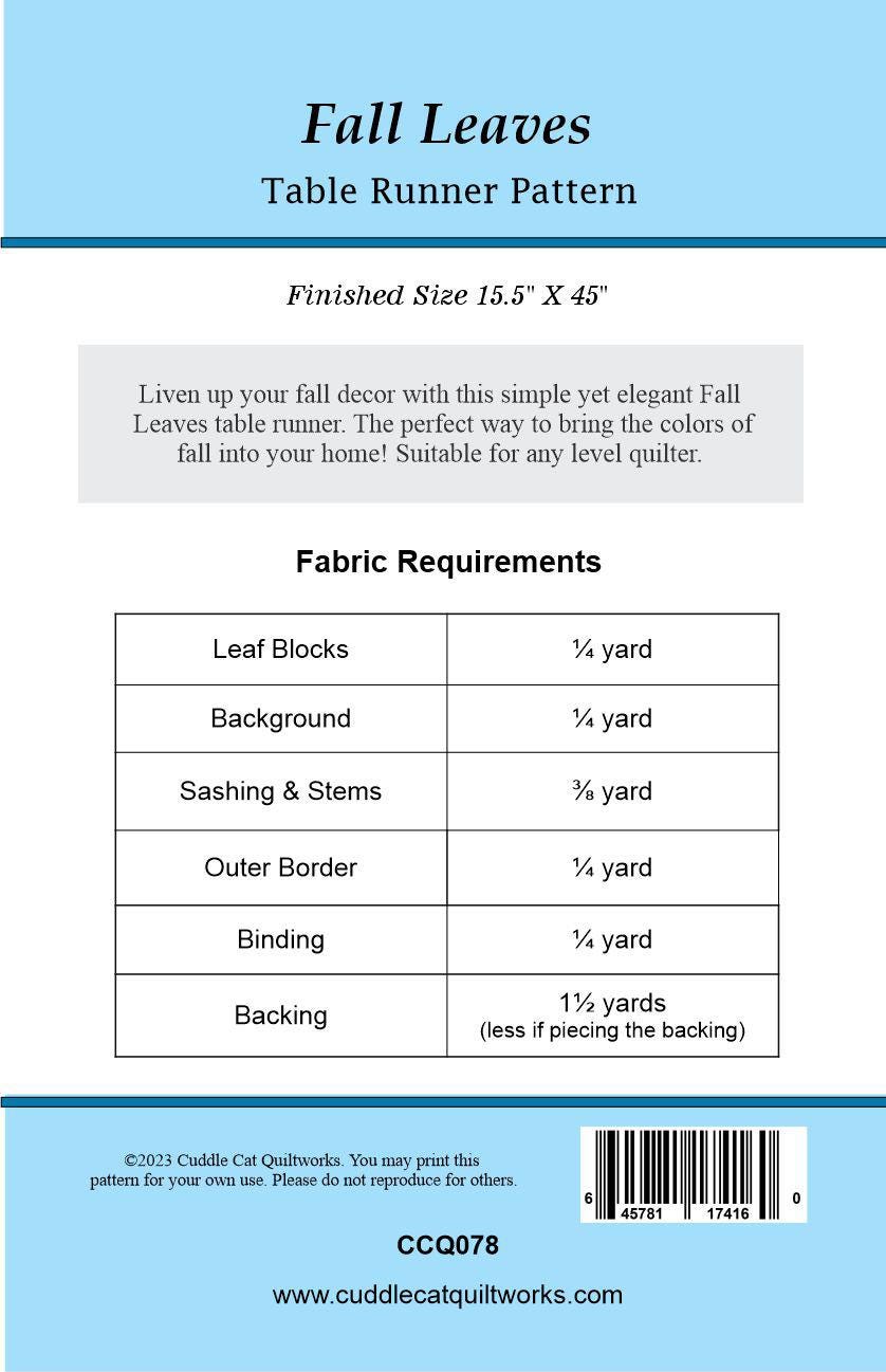 Fall Leaves Table Runner Pattern Printed Version CCQ078, Autumn Leaves Table Runner Pattern, Maple Leaf Runner Pattern
