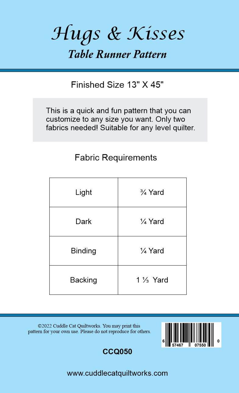 Hugs & Kisses Valentine Table Runner Pattern PDF Version CCQ050, Valentine's Day Table Runner Pattern, Heart Themed Table Runner Pattern