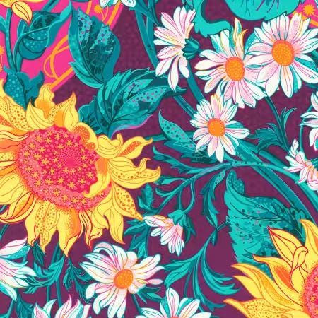 Sunflower Sonata Sunflowers Purple Fabric - Robert Kaufman Fabrics APWD232456, Large Sunflower Floral Fabric By the Yard