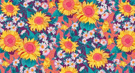 Sunflower Sonata Sunflowers Purple Fabric - Robert Kaufman Fabrics APWD232456, Large Sunflower Floral Fabric By the Yard