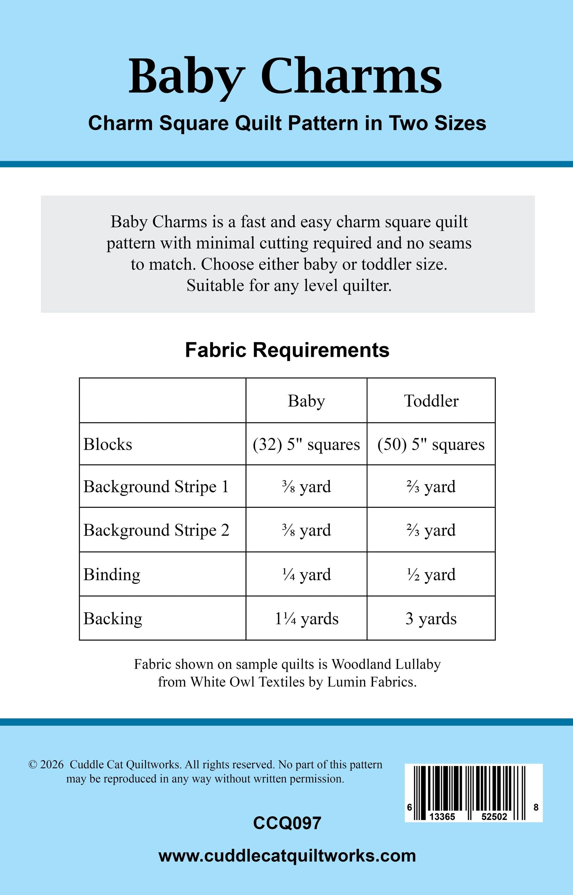 Baby Charms Quilt Pattern with Two Size Options Printed Version - Cuddle Cat Quiltworks CCQ097, Baby Quilt Pattern for Charm Squares