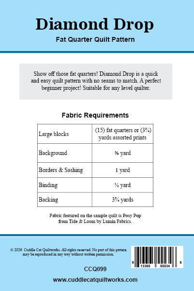 Diamond Drop Quilt Pattern PDF Version, Cuddle Cat Quiltworks CCQ099, Fat Quarter Friendly Quilt Pattern