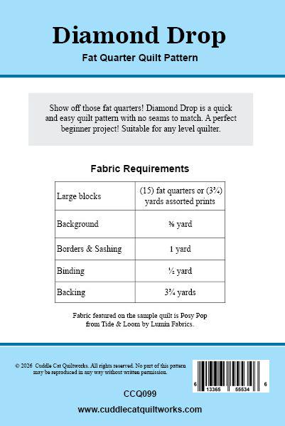 Diamond Drop Quilt Pattern Printed Version - Cuddle Cat Quiltworks CCQ099, Fat Quarter Friendly Quilt Pattern