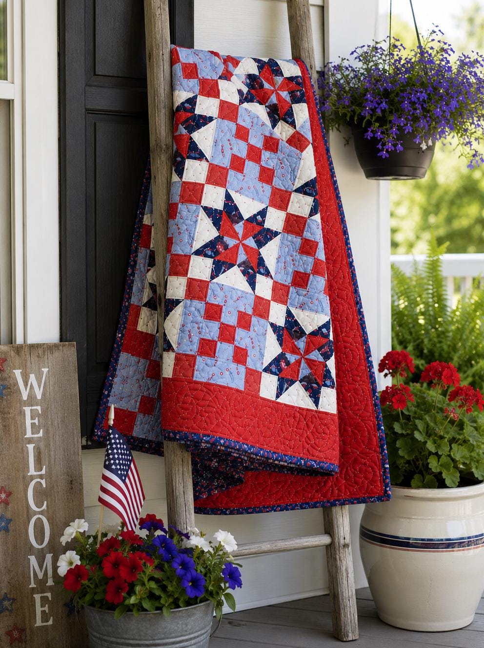 Celebrate! Patriotic Quilt Pattern - PDF Version - Cuddle Cat Quiltworks CCQ102, Sawtooth Stars Patriotic Quilt Pattern, QOV Quilt Pattern