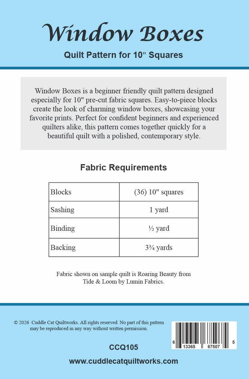 Window Boxes Quilt Pattern PDF Version, Cuddle Cat Quiltworks CCQ0105, Quilt Pattern for 10 inch Squares