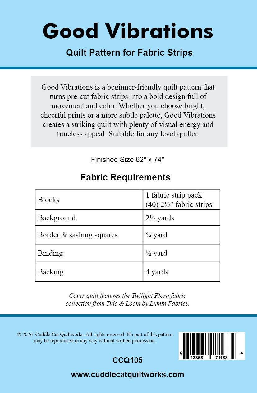 Good Vibrations Strip Quilt Pattern PDF Version, Cuddle Cat Quiltworks CCQ105, Strip Pack Quilt Pattern, Easy Jelly Roll Quilt Pattern