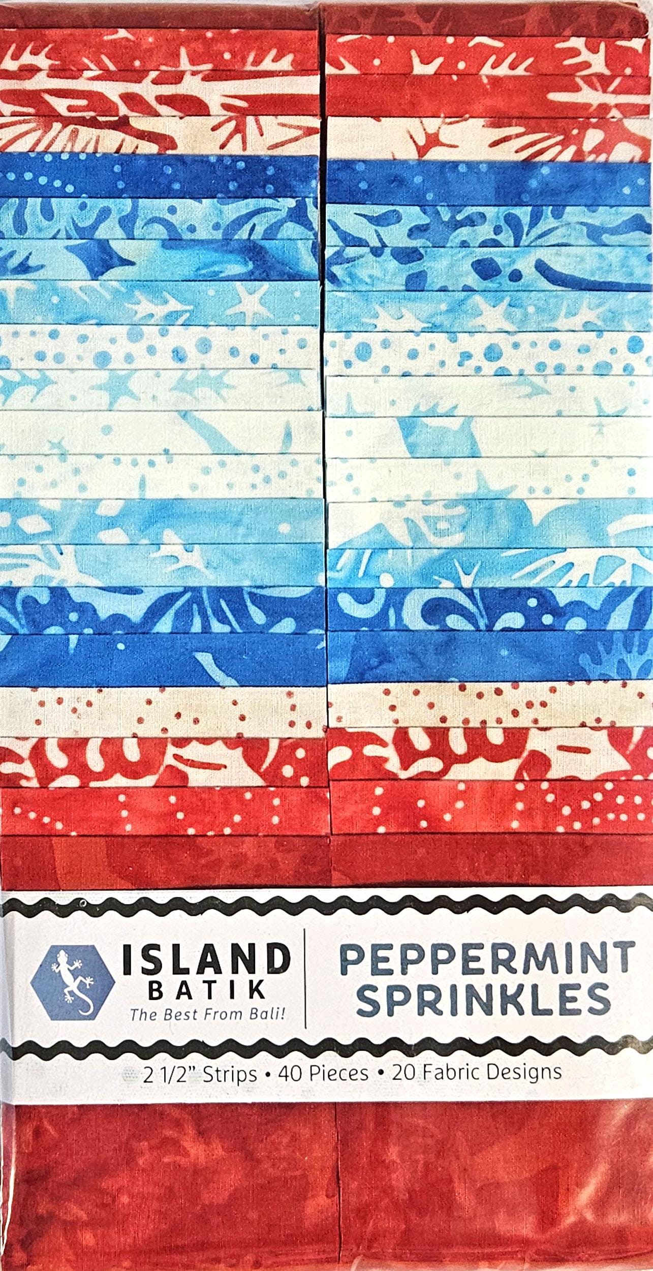 Island Batik Peppermint Sprinkles Strip Pack - 40 2 1/2" Pre Cut Fabric Strips, Red and Blue Christmas Batik Strip Pack, Red & Blue Batiks