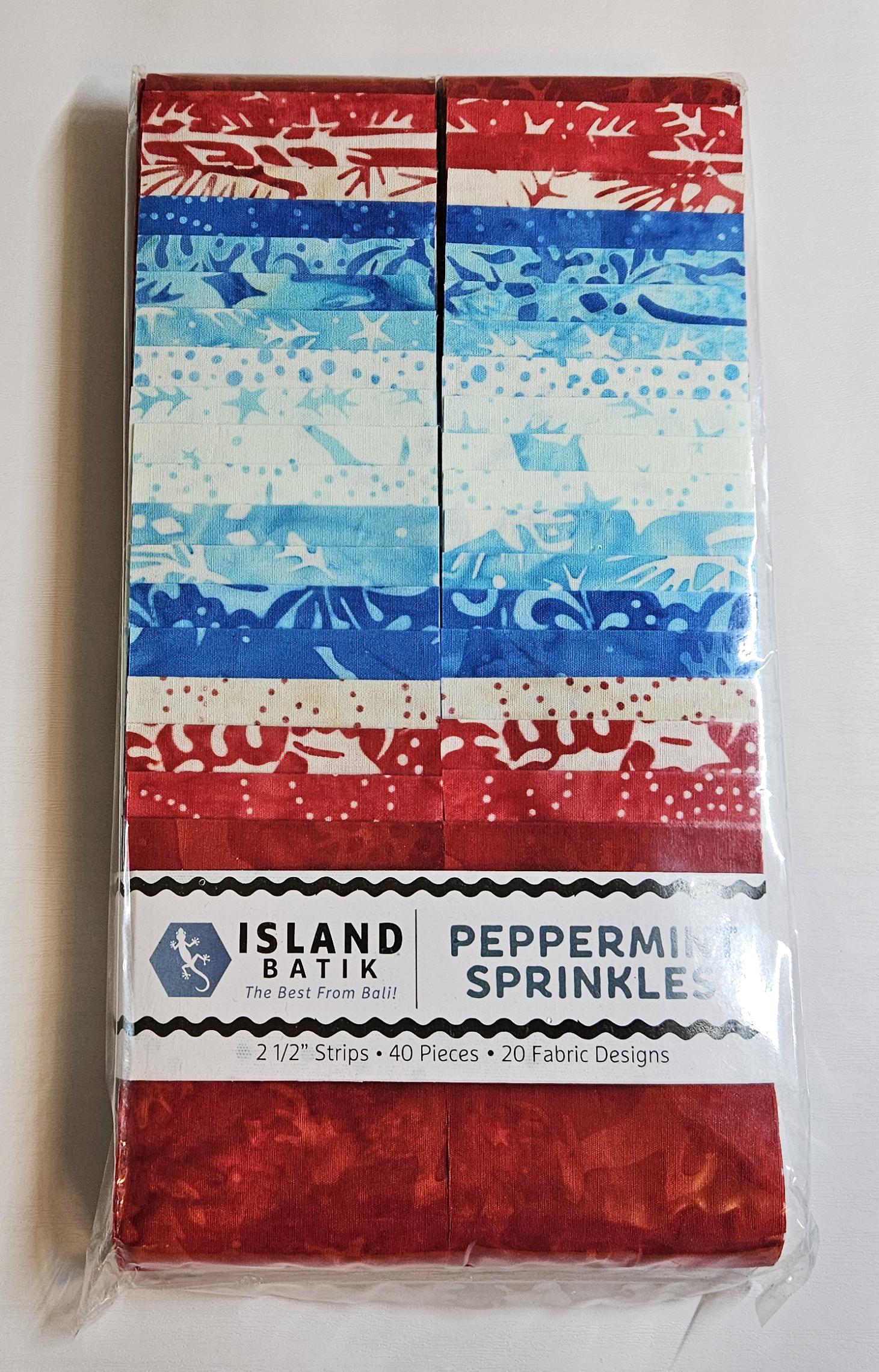 Island Batik Peppermint Sprinkles Strip Pack - 40 2 1/2" Pre Cut Fabric Strips, Red and Blue Christmas Batik Strip Pack, Red & Blue Batiks