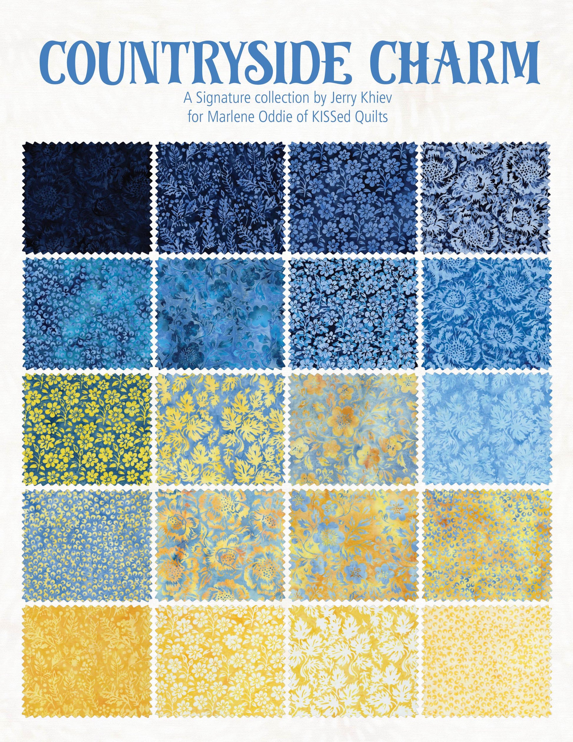 Island Batik Countryside Charm Strip Pack - 40 2 1/2" Pre Cut Fabric Strips, Blue and Yellow Batik Fabric Strips