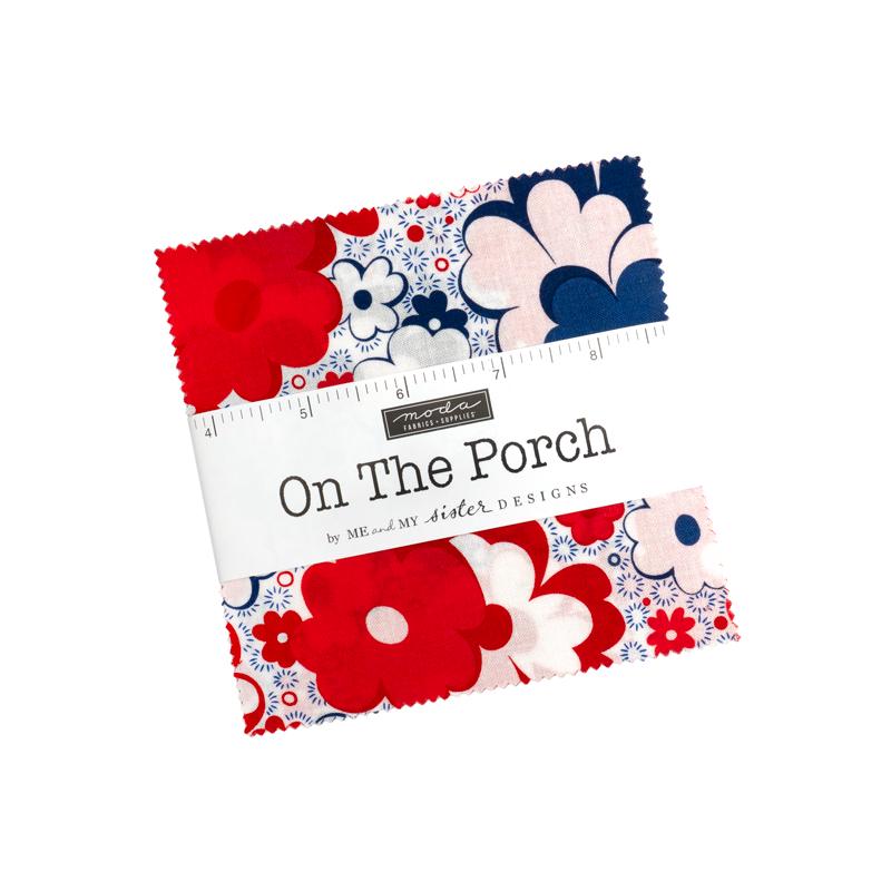 On the Porch Charm Pack - Moda 22510PP - 42 5" Squares, Patriotic Floral Charm Pack, Red White Blue Floral Charm Pack, Patriotic Precuts