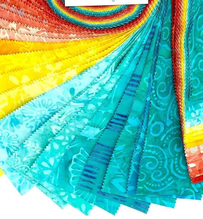 Java Batiks Summer Favorites Strip Pack - Maywood Studio - 40 2 1/2" Pre Cut Fabric Strips, Teal Orange Yellow Batik Fabric Strips