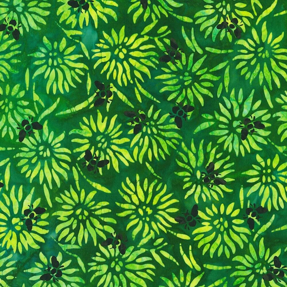 Bees and Flowers Green Batik Fabric - 18" REMNANT CUT - Robert Kaufman Artisan Batiks, Green Floral Batik Fabric