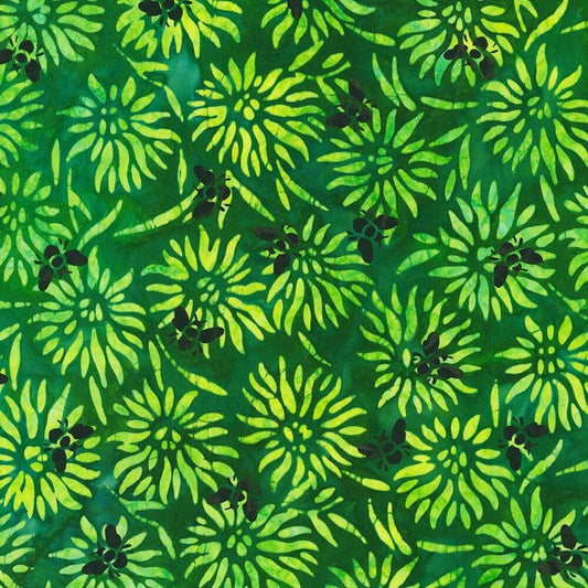 Bees and Flowers Green Batik Fabric - 18" REMNANT CUT - Robert Kaufman Artisan Batiks, Green Floral Batik Fabric