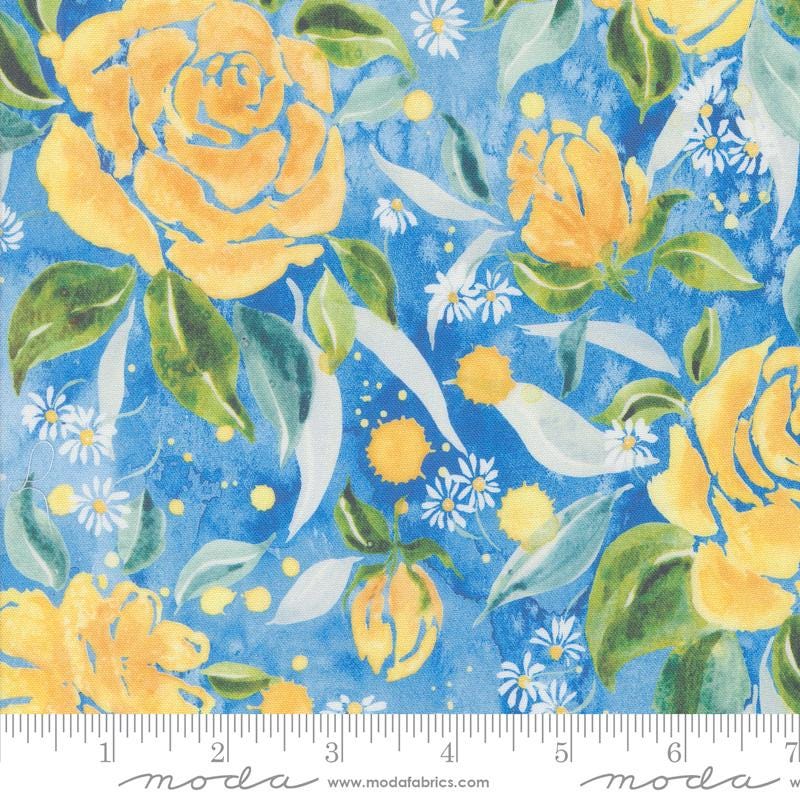 Sunshine and Blue Skies Rose Upon Rows Bluebell Floral Watercolor Fabric - Moda 39832-14, Blue & Yellow Floral Watercolor Fabric By the Yard
