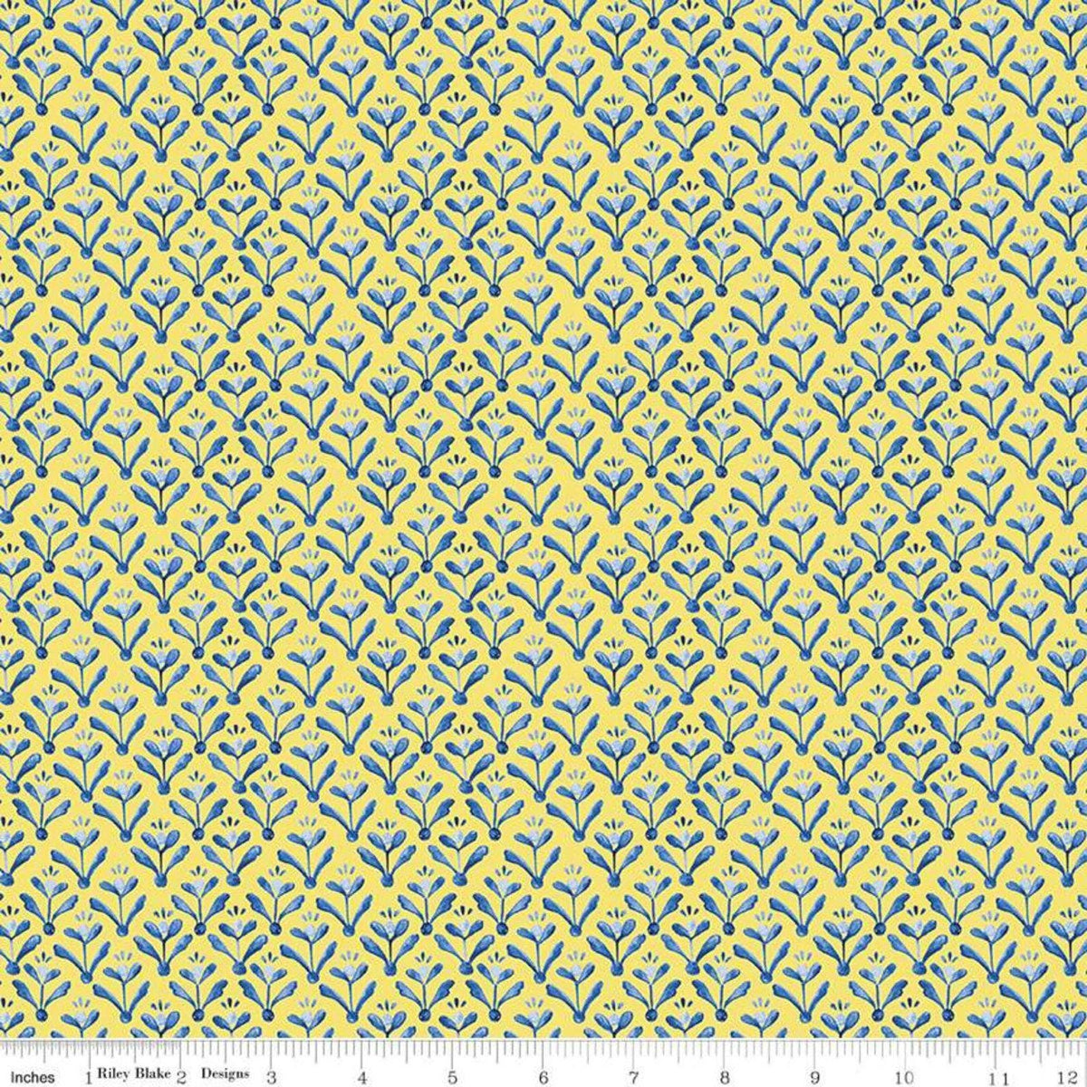 Sunshine & Dewdrops Yellow Leaf Damask Fabric - Riley Blake C11974, Yellow and Blue Leaf Blender Fabric By the Yard