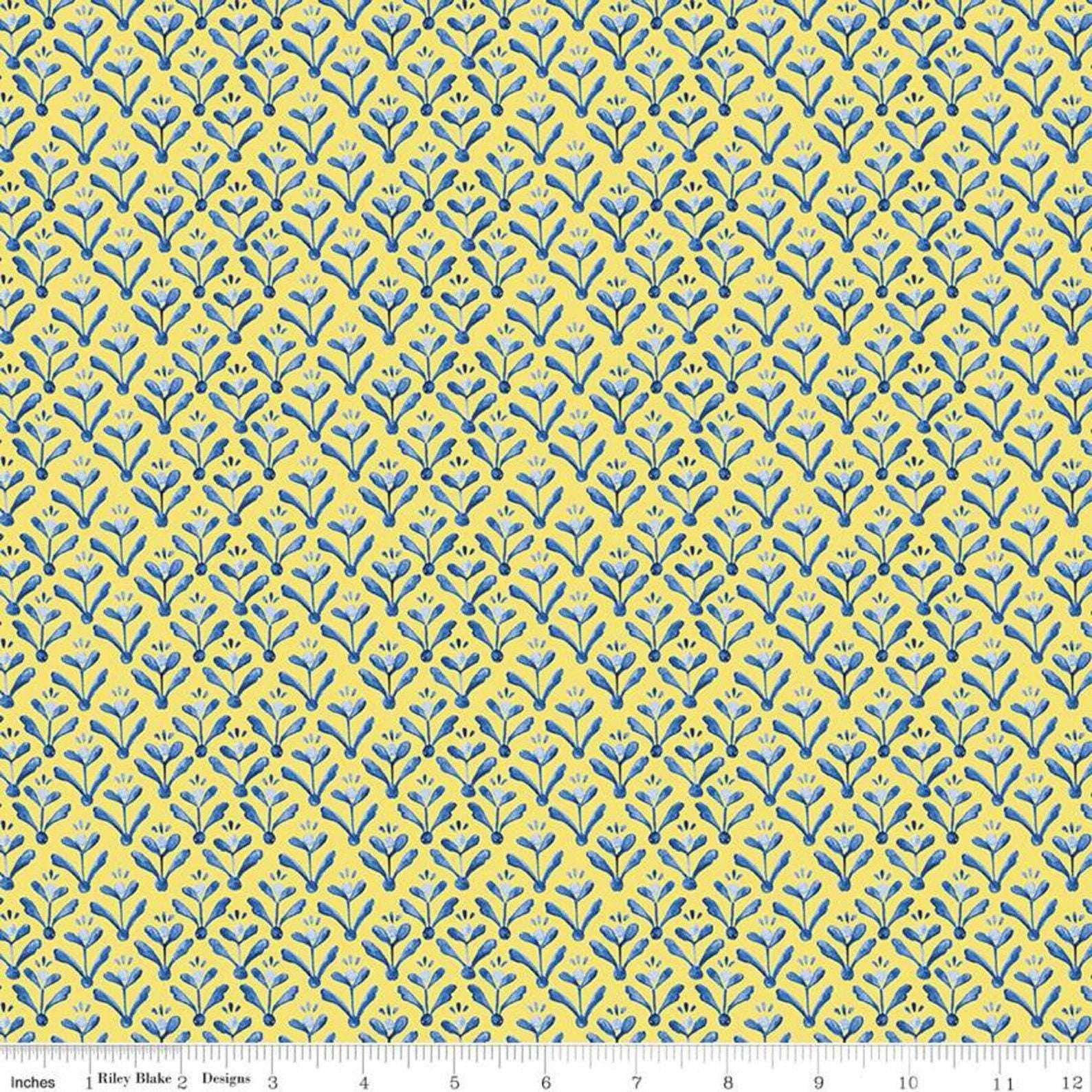 Sunshine & Dewdrops Yellow Leaf Damask Fabric - Riley Blake C11974, Yellow and Blue Leaf Blender Fabric By the Yard